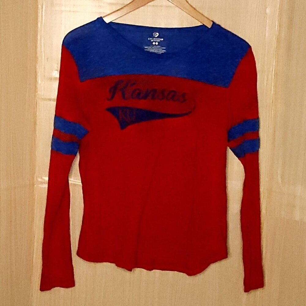 Colosseum University Of Kansas Red Vintage Look Wide Neck Long Sleeve Top XL